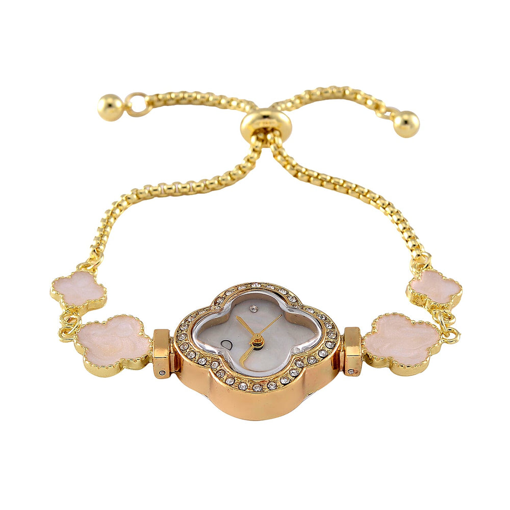 STRADA PC21S Japanese Movement Water Resistant White Crystal & Fake MOP Dial Watch with Gold Colour Chain Strap