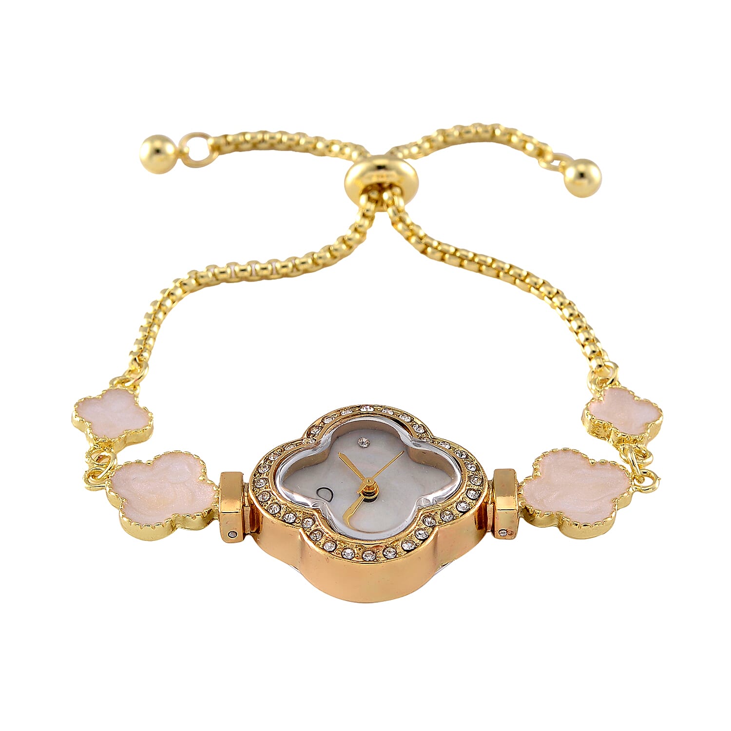 STRADA PC21S Japanese Movement Water Resistant White Crystal & Fake MOP Dial Watch with Gold Colour Chain Strap