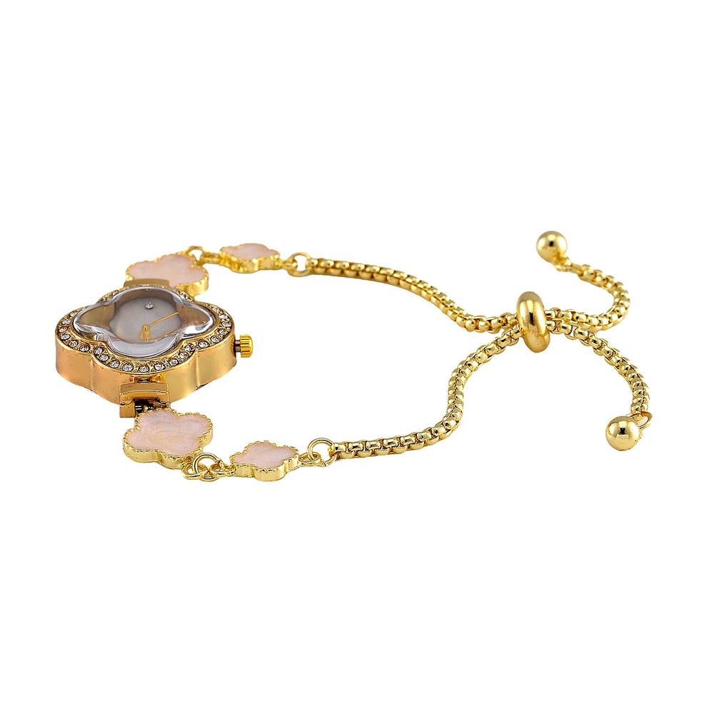 STRADA PC21S Japanese Movement Water Resistant White Crystal & Fake MOP Dial Watch with Gold Colour Chain Strap