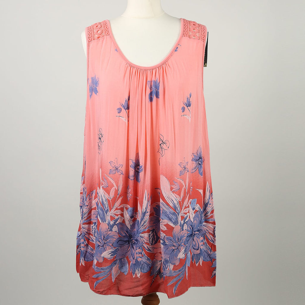 SUGARCRISP Printed Vest Top with Border Detail and Lace Shoulder in Coral (One Size- 60x75cm) CB - 29in