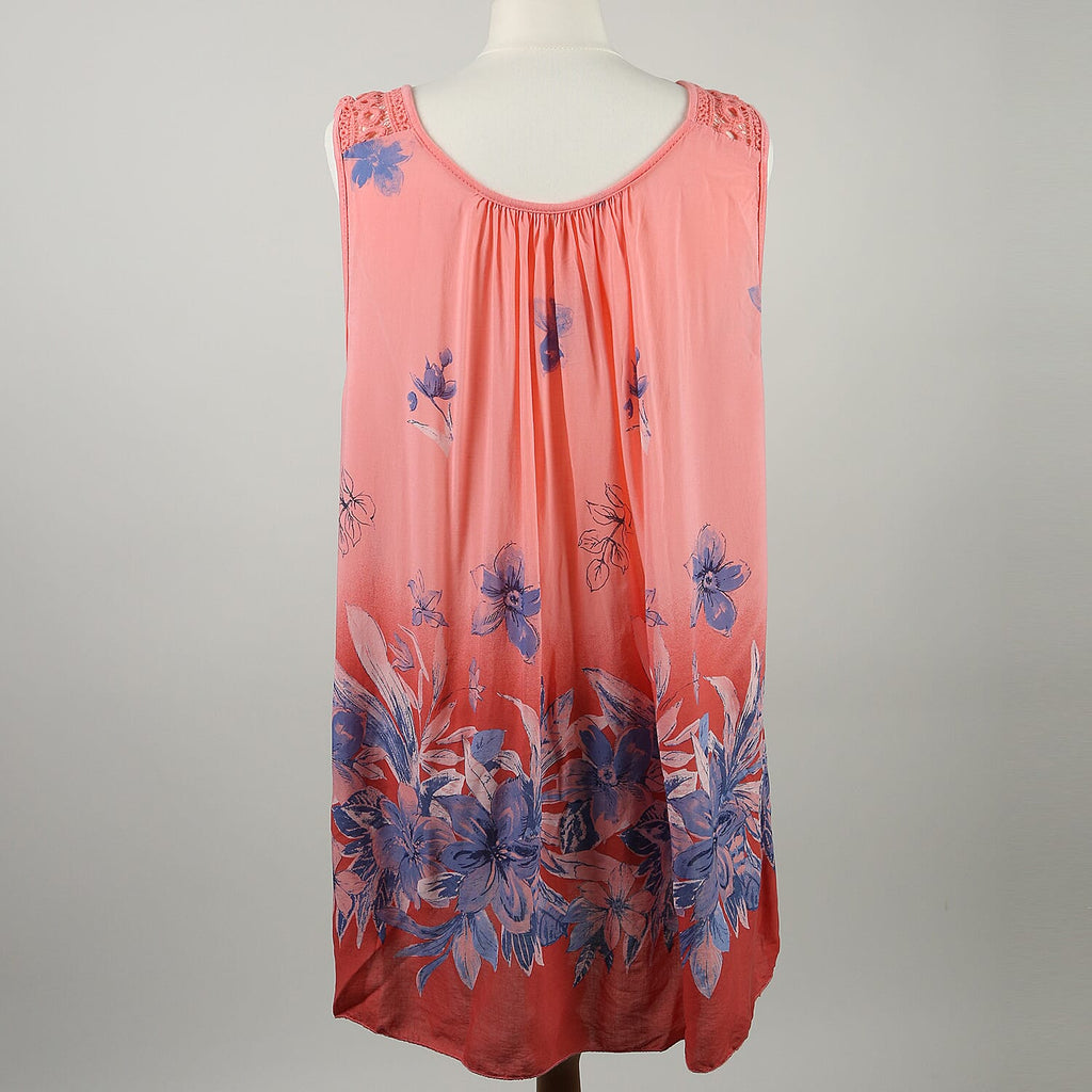 SUGARCRISP Printed Vest Top with Border Detail and Lace Shoulder in Coral (One Size- 60x75cm) CB - 29in