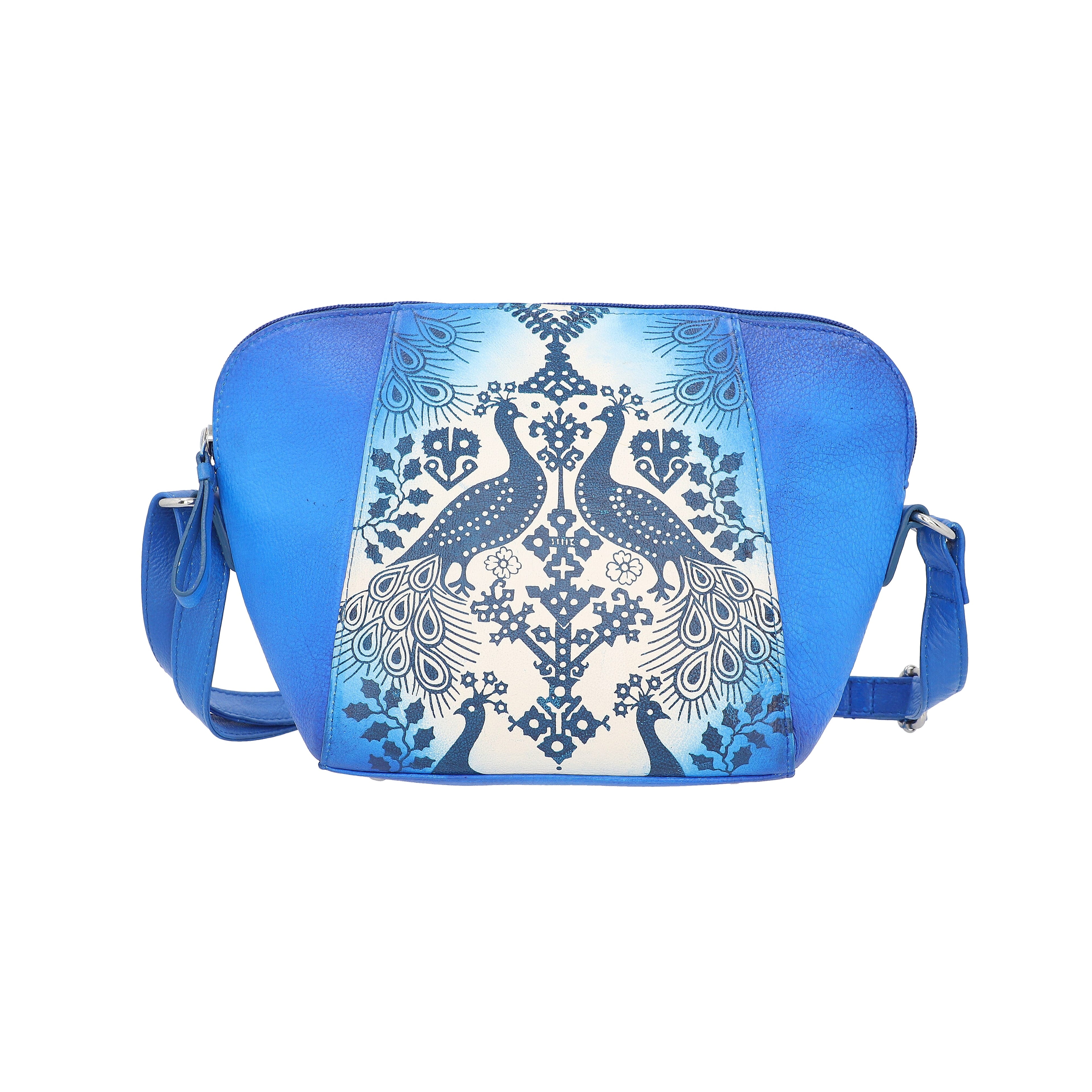 SUKRITI 100% Genuine Leather Peacock Hand Painted Crossbody Bag (28x9x20cm) with Adjustable Shoulder Strap - Royal Blue