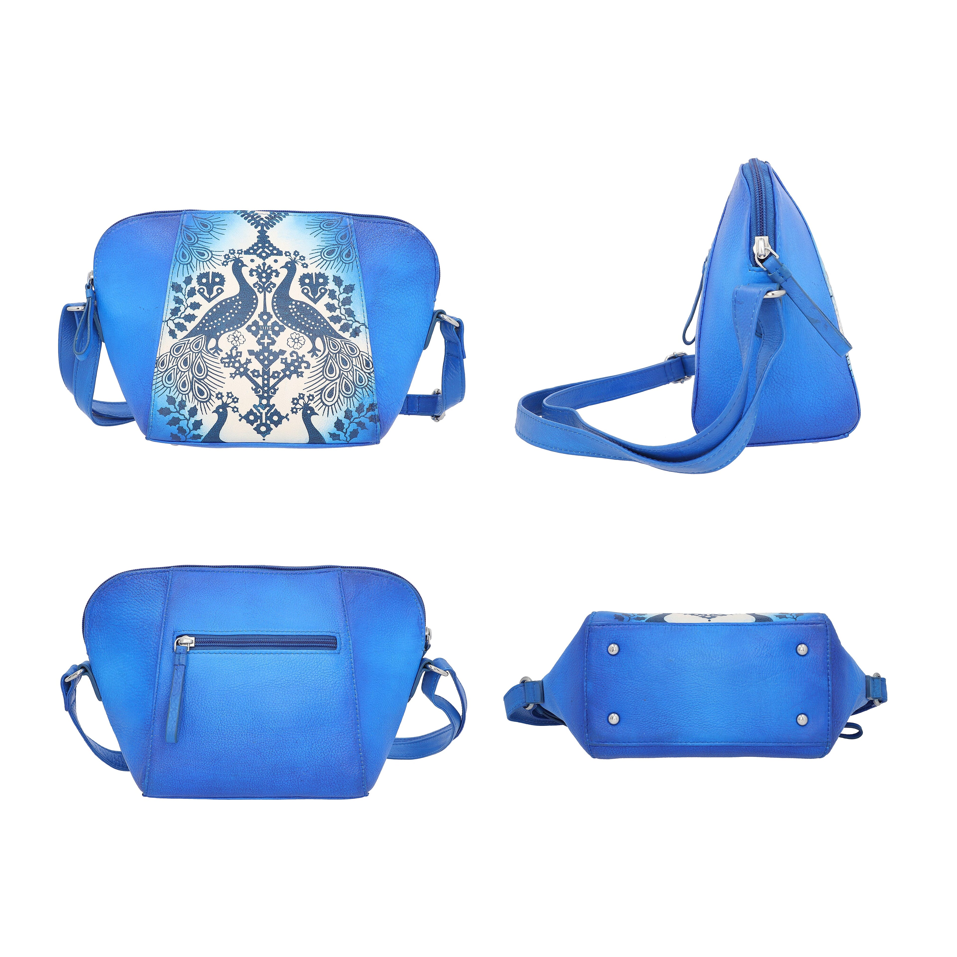 SUKRITI 100% Genuine Leather Peacock Hand Painted Crossbody Bag (28x9x20cm) with Adjustable Shoulder Strap - Royal Blue