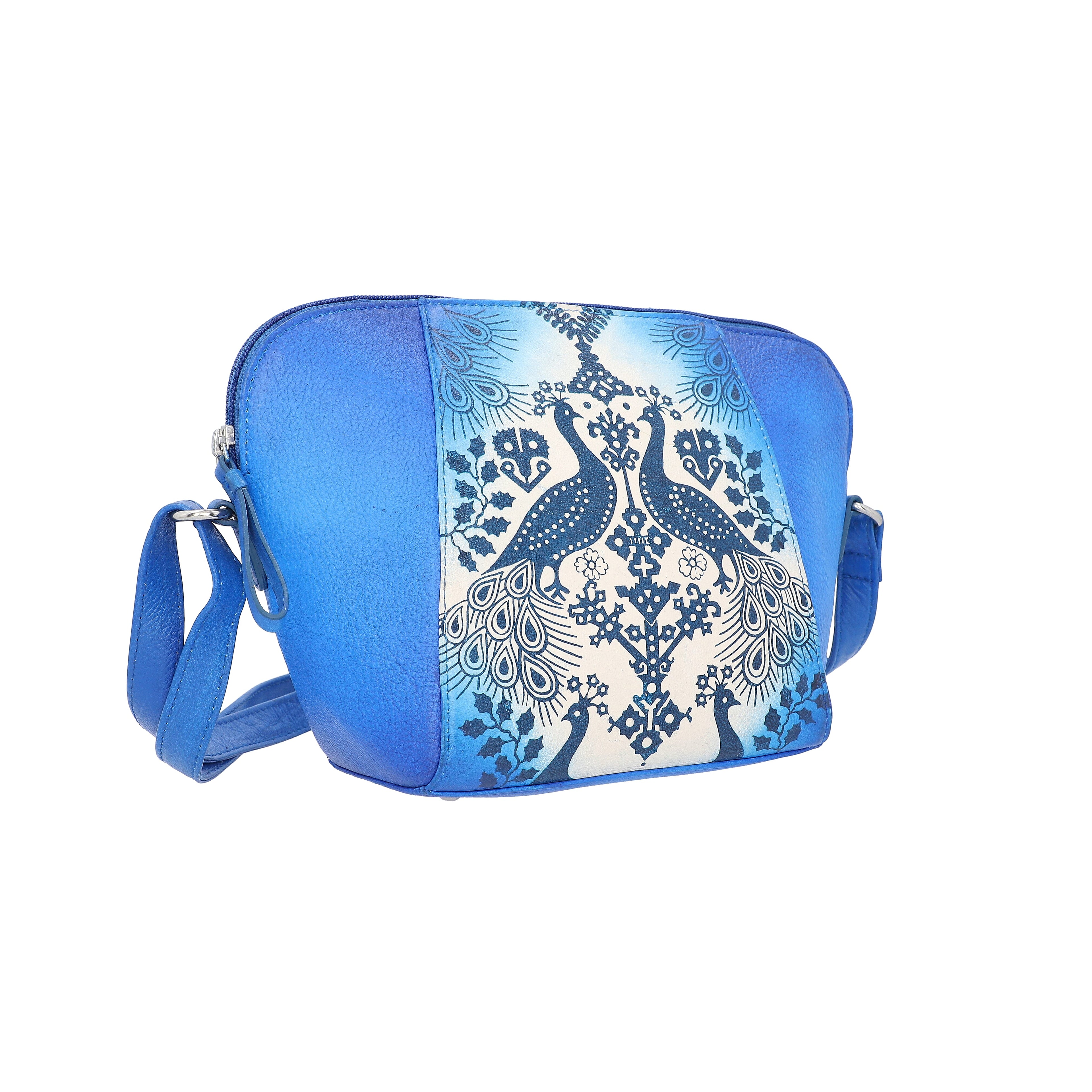 SUKRITI 100% Genuine Leather Peacock Hand Painted Crossbody Bag (28x9x20cm) with Adjustable Shoulder Strap - Royal Blue