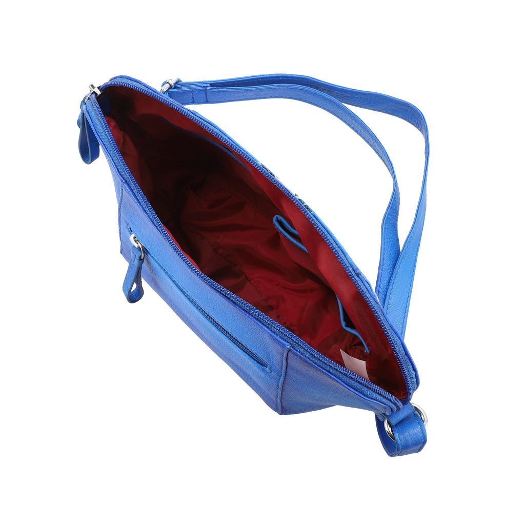 SUKRITI 100% Genuine Leather Peacock Hand Painted Crossbody Bag (28x9x20cm) with Adjustable Shoulder Strap - Royal Blue
