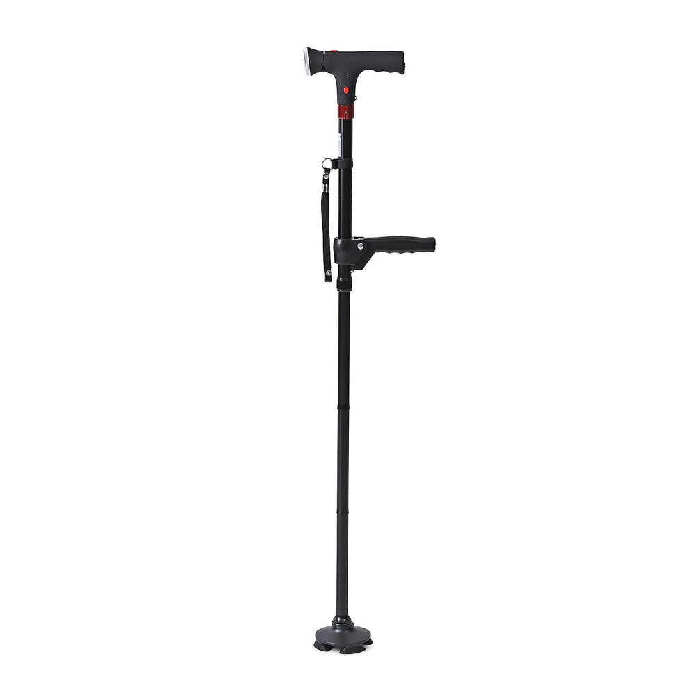 Smart Easy Up Cane (2 Handle) - Adjustable Height (85-97cm) Walking Stick with Light, SOS Alarm & Swivel Base - Black