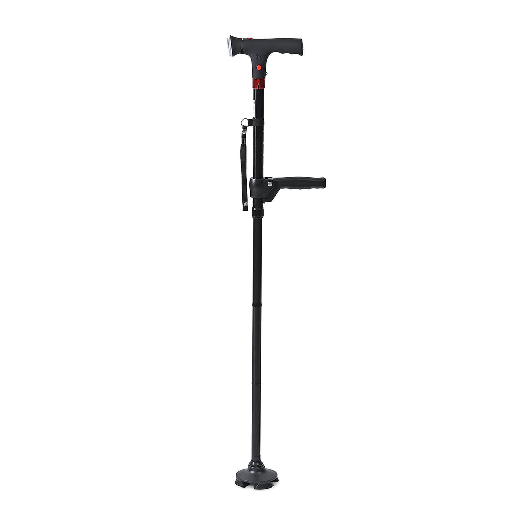 Smart Easy Up Cane (2 Handle) - Adjustable Height (85-97cm) Walking Stick with Light, SOS Alarm & Swivel Base - Black