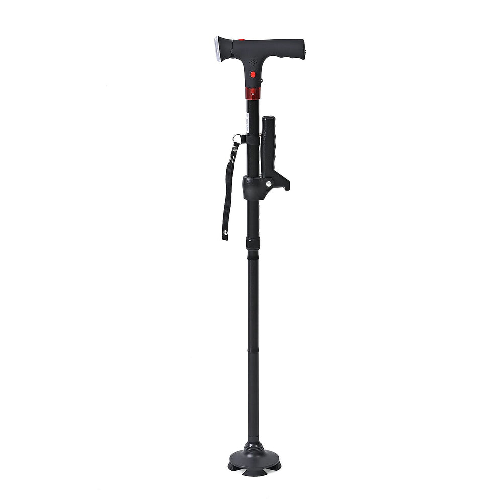 Smart Easy Up Cane (2 Handle) - Adjustable Height (85-97cm) Walking Stick with Light, SOS Alarm & Swivel Base - Black