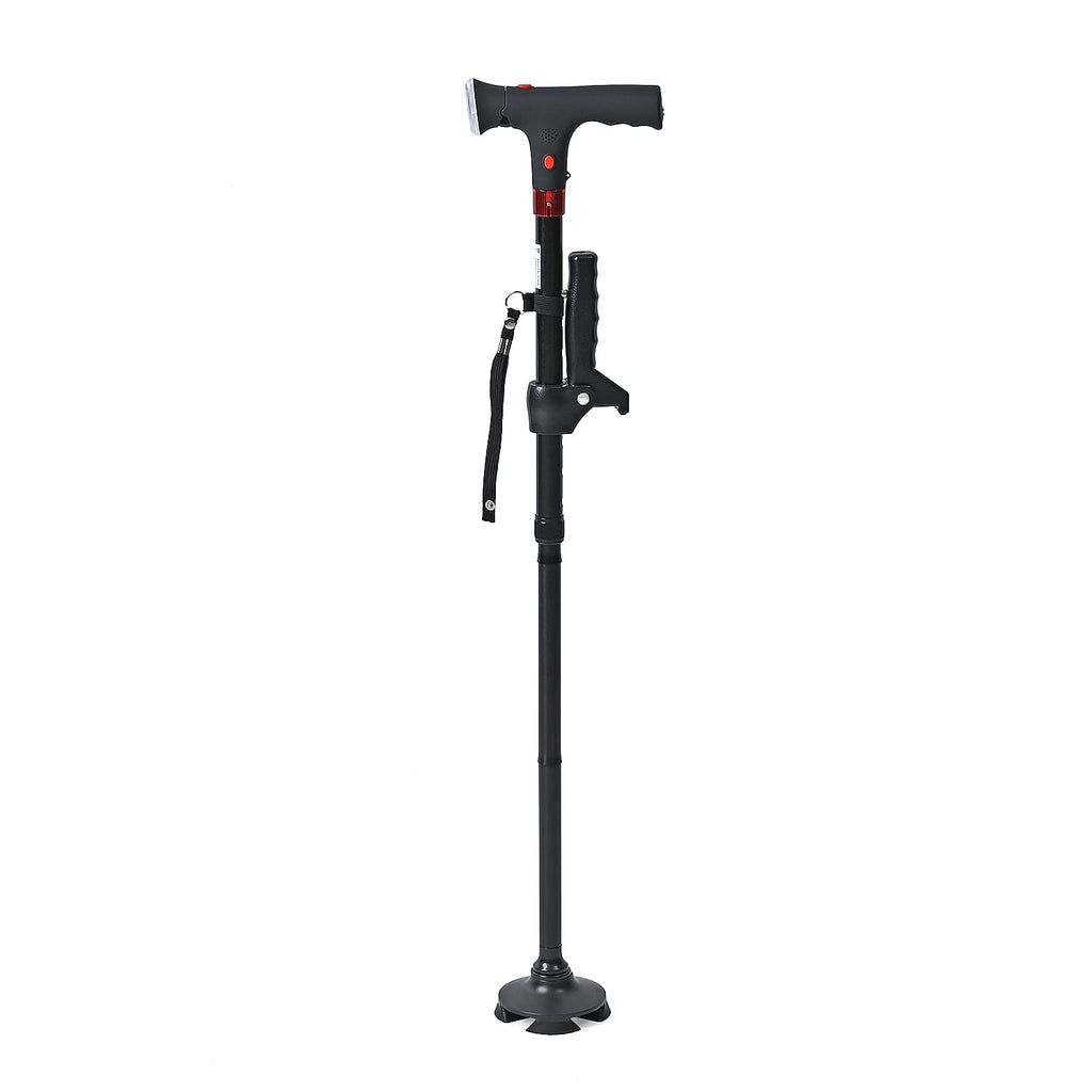 Smart Easy Up Cane (2 Handle) - Adjustable Height (85-97cm) Walking Stick with Light, SOS Alarm & Swivel Base - Black