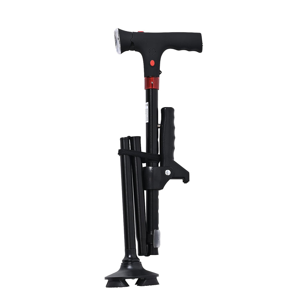 Smart Easy Up Cane (2 Handle) - Adjustable Height (85-97cm) Walking Stick with Light, SOS Alarm & Swivel Base - Black