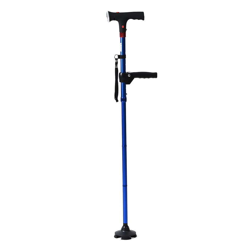 Smart Easy Up Cane (2 Handle) - Adjustable Height (85-97cm) Walking Stick with Light, SOS Alarm - Swivel Base - Blue