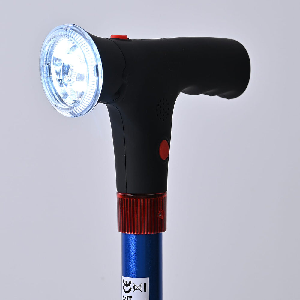 Smart Easy Up Cane (2 Handle) - Adjustable Height (85-97cm) Walking Stick with Light, SOS Alarm - Swivel Base - Blue