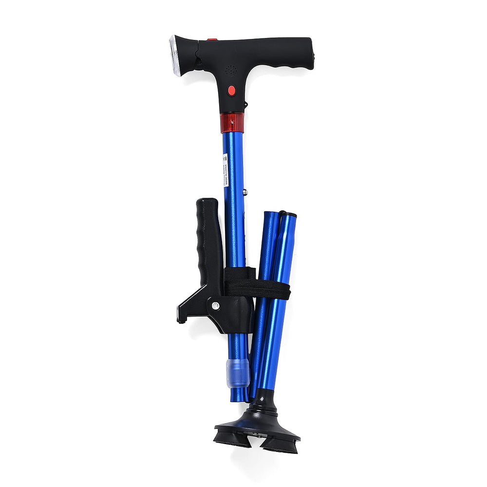 Smart Easy Up Cane (2 Handle) - Adjustable Height (85-97cm) Walking Stick with Light, SOS Alarm - Swivel Base - Blue
