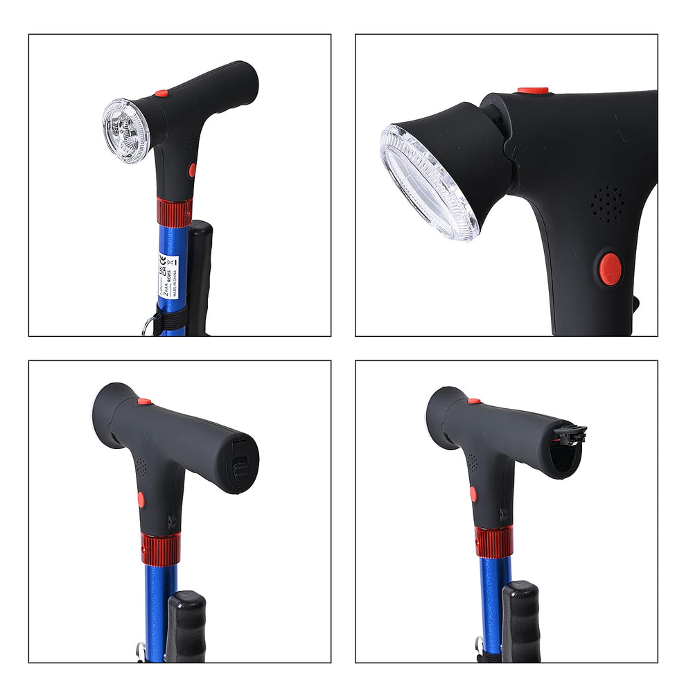Smart Easy Up Cane (2 Handle) - Adjustable Height (85-97cm) Walking Stick with Light, SOS Alarm - Swivel Base - Blue