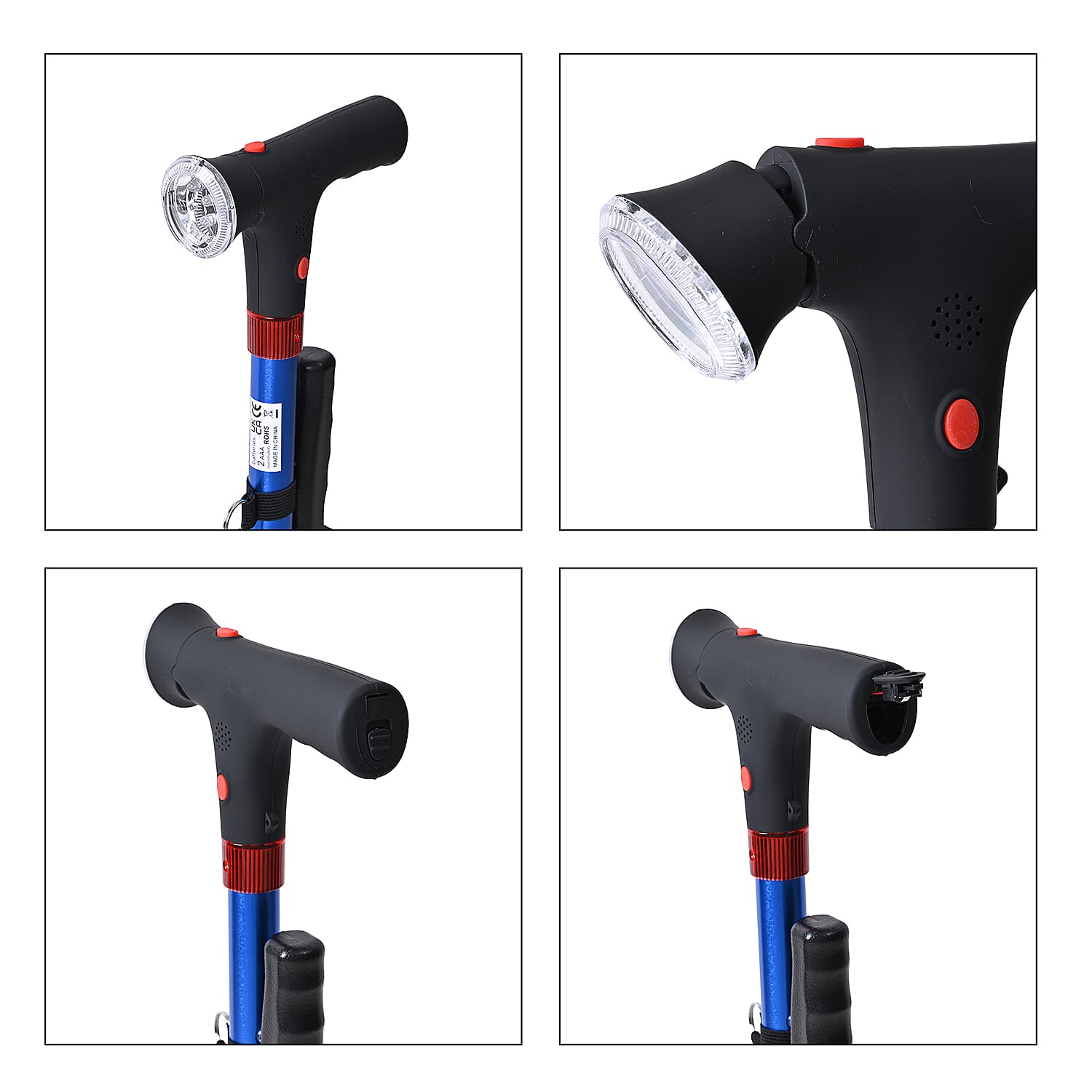Smart Easy Up Cane (2 Handle) - Adjustable Height (85-97cm) Walking Stick with Light, SOS Alarm - Swivel Base - Blue