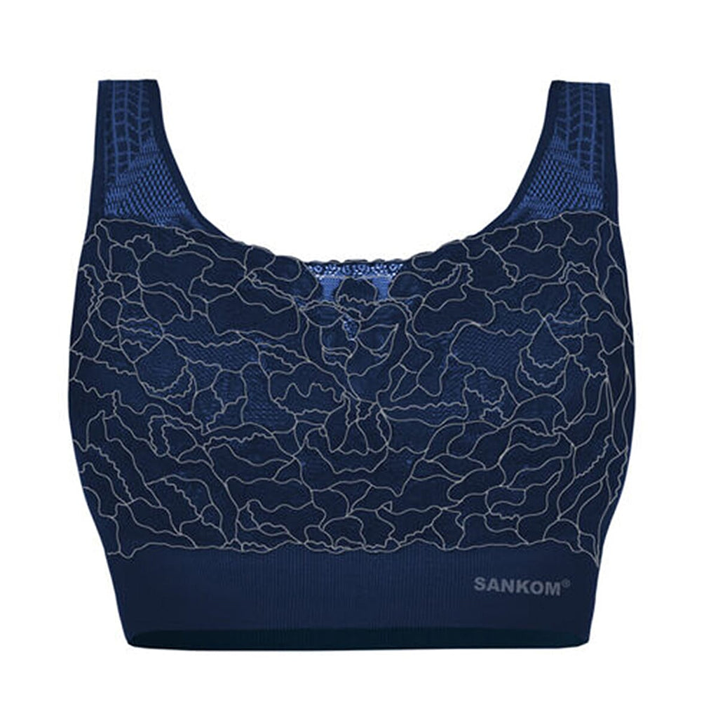Sankom Patent Premium Bra with Lace (Size XL-XXL) - Navy Blue Colour - Silver Effect