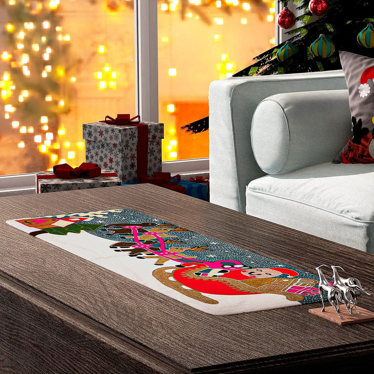 Santa on Sledge Embroidered Cotton Table Runner (Size 91x35 Cm) - Multi