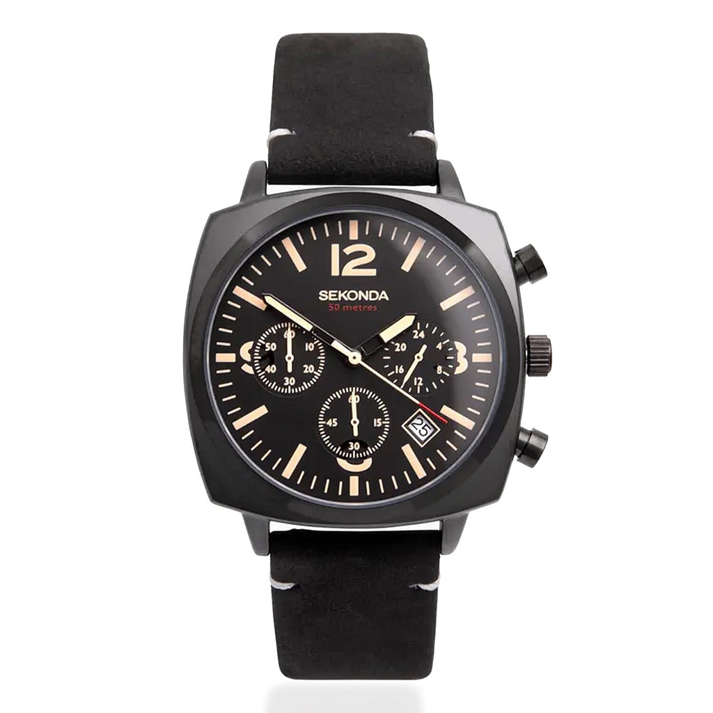 SEKONDA Airborne Quartz Movt. 5ATM WR Black Dial - Black Case Mens Watch with Black Leather Strap
