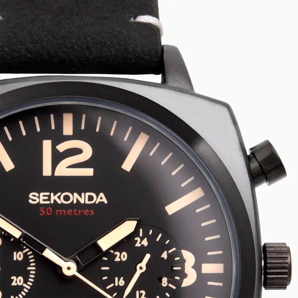 SEKONDA Airborne Quartz Movt. 5ATM WR Black Dial - Black Case Mens Watch with Black Leather Strap