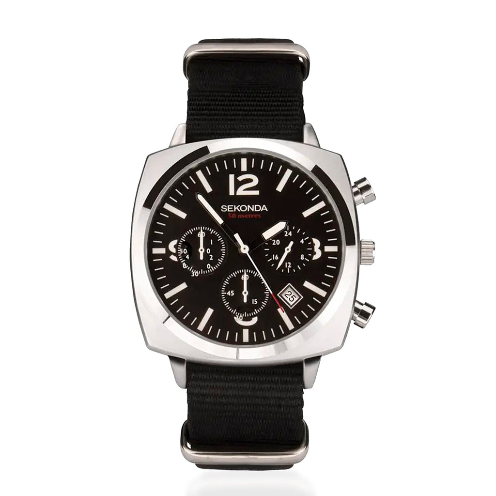 SEKONDA Airborne Quartz Movt. 5ATM WR Black Dial - Silver Case Mens Watch with Black Leather Strap
