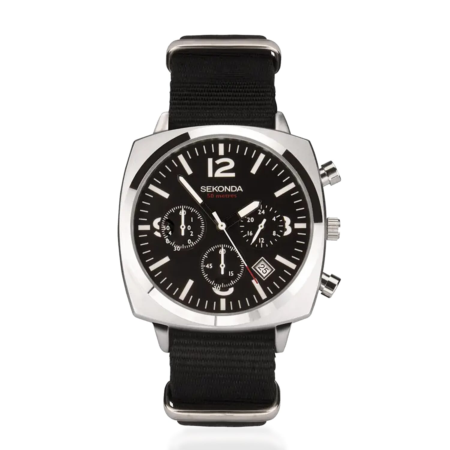 SEKONDA Airborne Quartz Movt. 5ATM WR Black Dial - Silver Case Mens Watch with Black Leather Strap