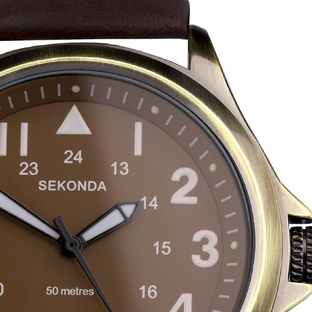 SEKONDA Altitude Quartz Movt. 5ATM WR Brown Dial - Silver Case Mens Watch with Black Leather Strap