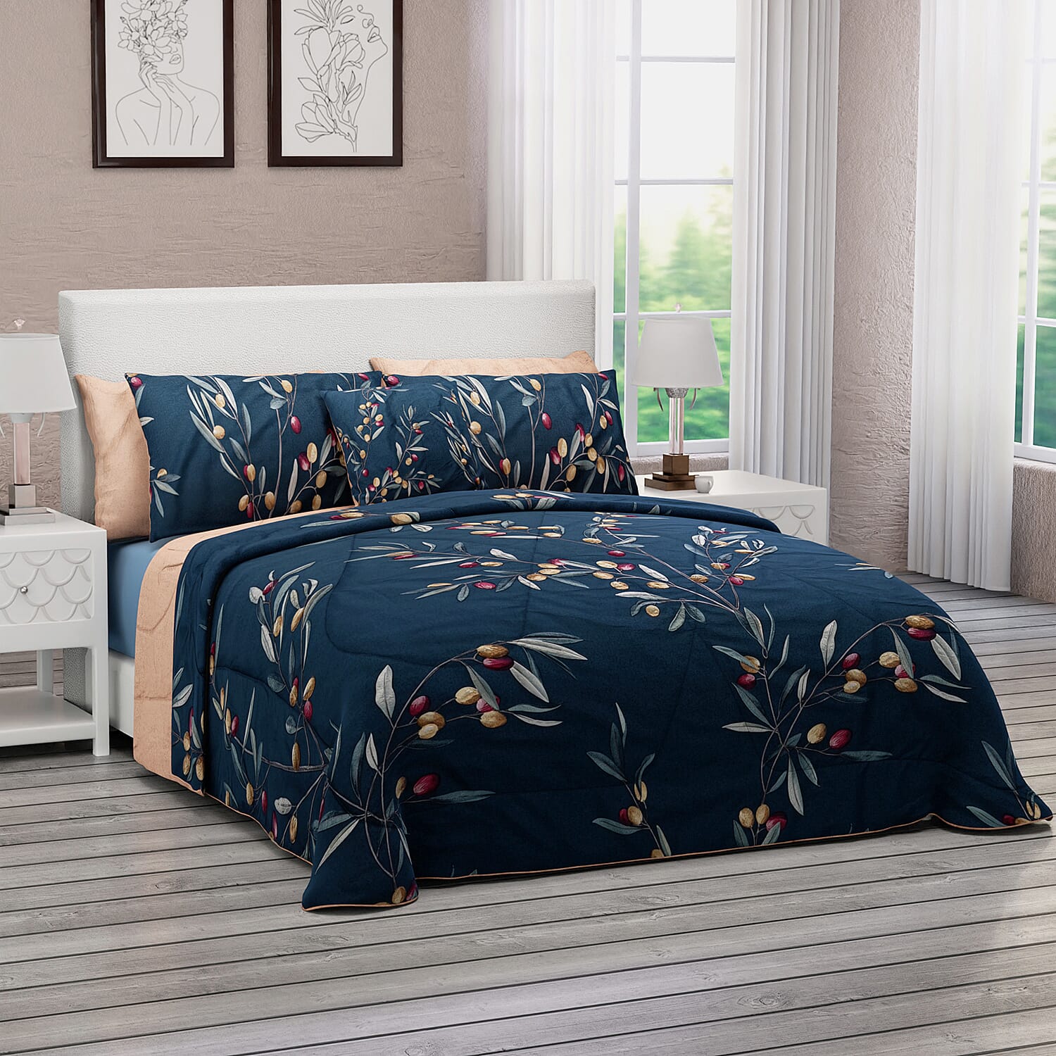 100% Natural Mulberry Silk Quilt (200 cm) with Cotton Printed Cover, 2 Pillow Cases (75x50 cm), Cushion Cover (40 cm) - Teal (Size- Double)