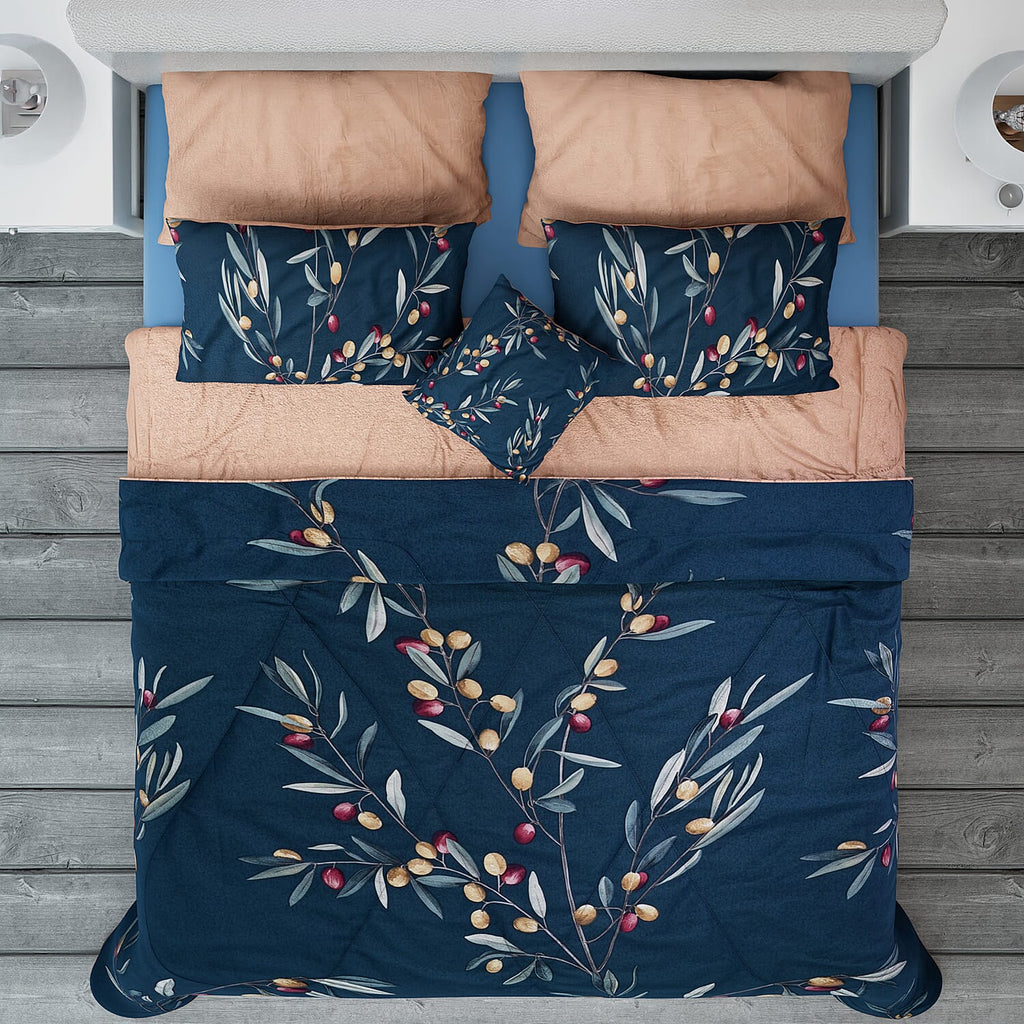 100% Natural Mulberry Silk Quilt (200 cm) with Cotton Printed Cover, 2 Pillow Cases (75x50 cm), Cushion Cover (40 cm) - Teal (Size- Double)