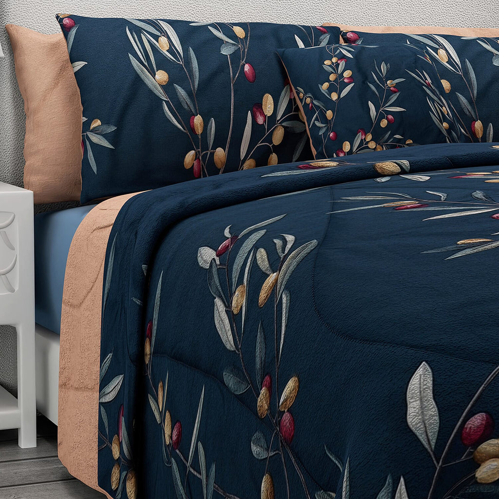 100% Natural Mulberry Silk Quilt (200 cm) with Cotton Printed Cover, 2 Pillow Cases (75x50 cm), Cushion Cover (40 cm) - Teal (Size- Double)