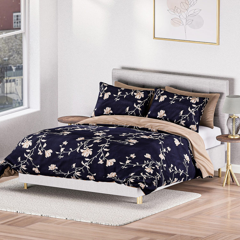 Set of 3 - Floral Printed Duvet Cover with 2 Pillow Cases(Double Size 200x200 cm) - Navy
