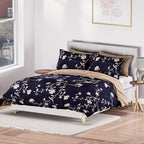 Set of 3 - Floral Printed Duvet Cover with 2 Pillow Cases(Double Size 200x200 cm) - Navy