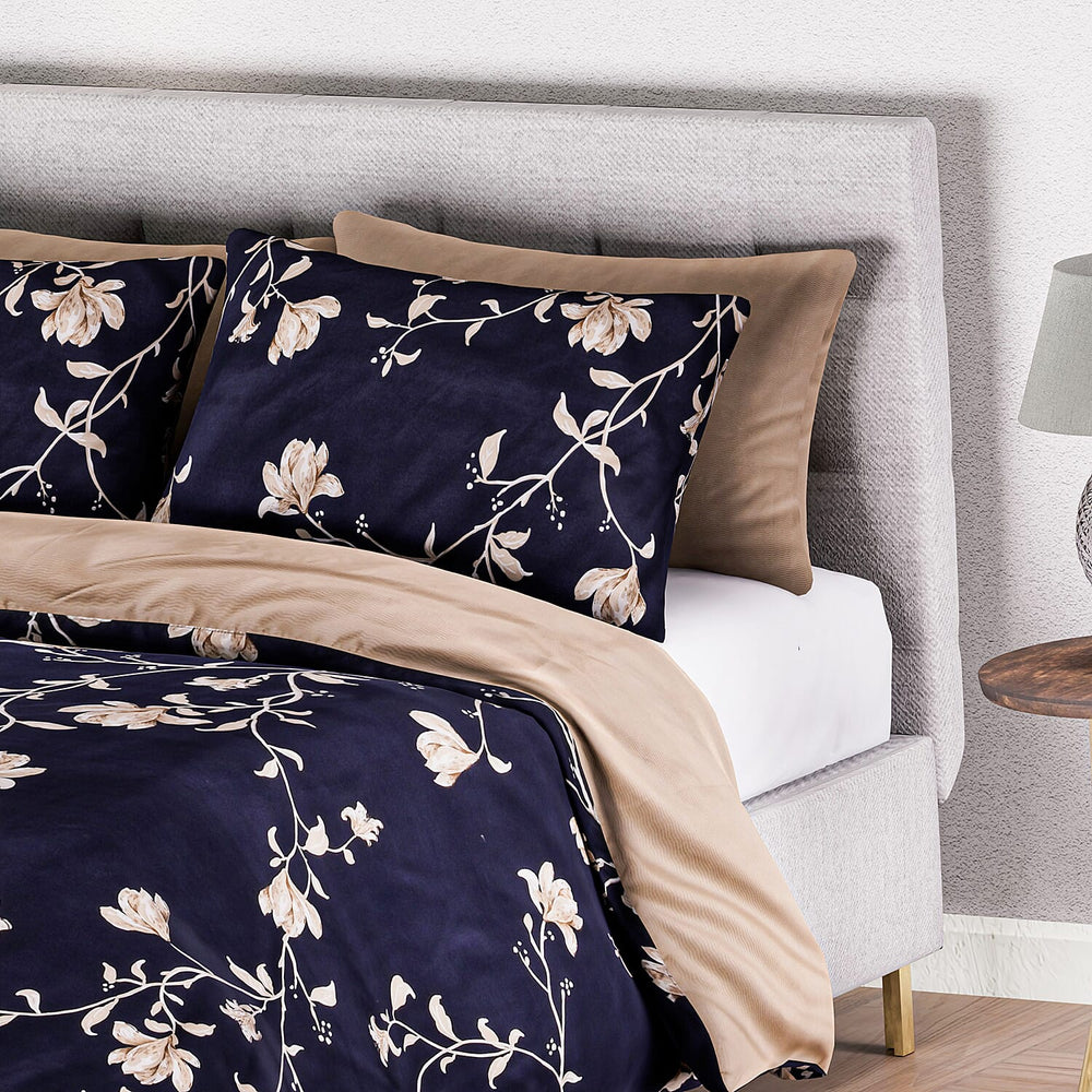 Set of 3 - Floral Printed Duvet Cover with 2 Pillow Cases(Double Size 200x200 cm) - Navy