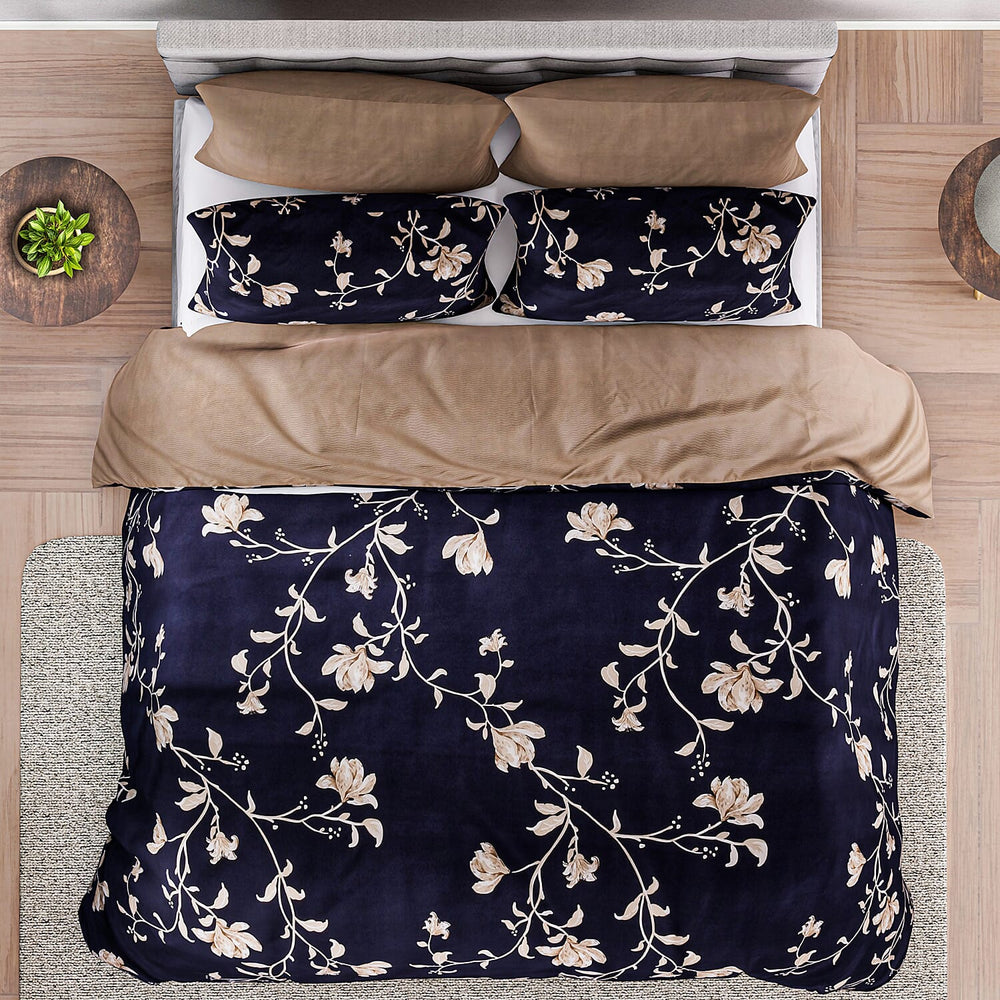 Set of 3 - Floral Printed Duvet Cover with 2 Pillow Cases(Double Size 200x200 cm) - Navy