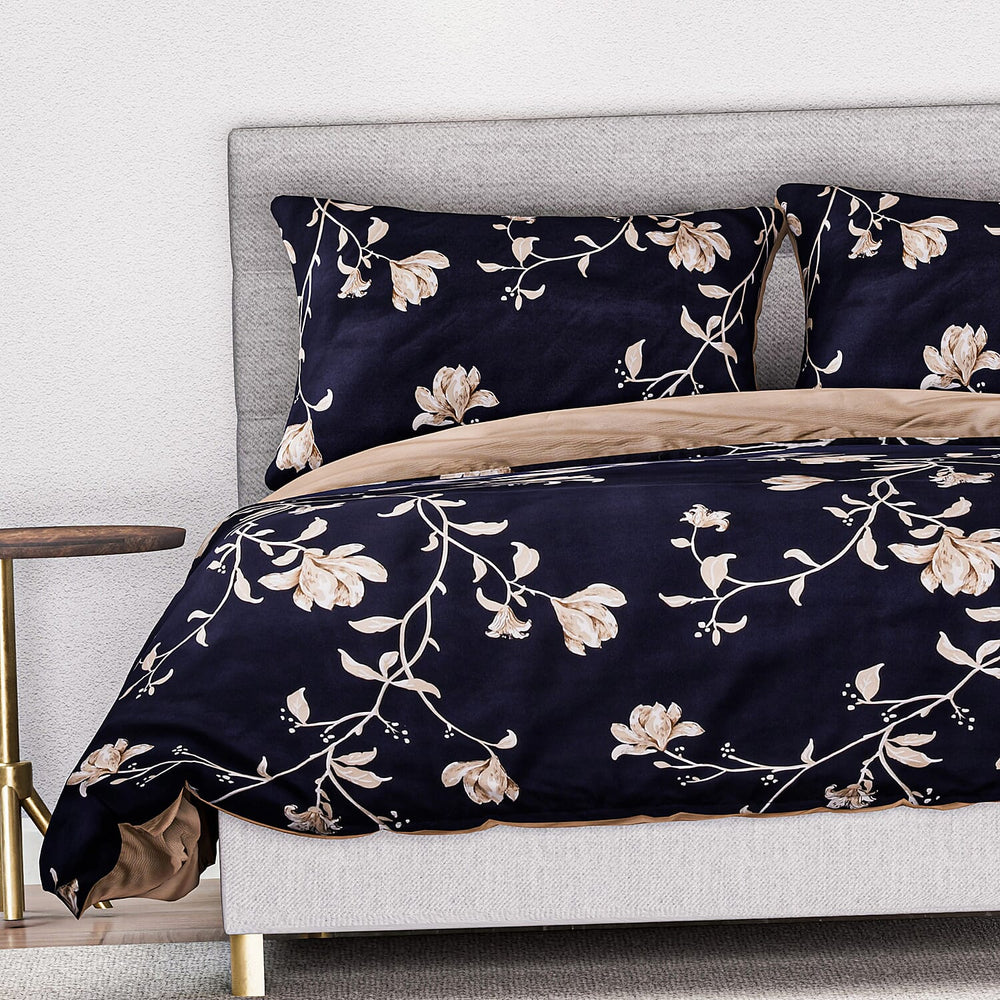 Set of 3 - Floral Printed Duvet Cover with 2 Pillow Cases(Double Size 200x200 cm) - Navy