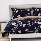 Set of 3 - Floral Printed Duvet Cover with 2 Pillow Cases(Double Size 200x200 cm) - Navy