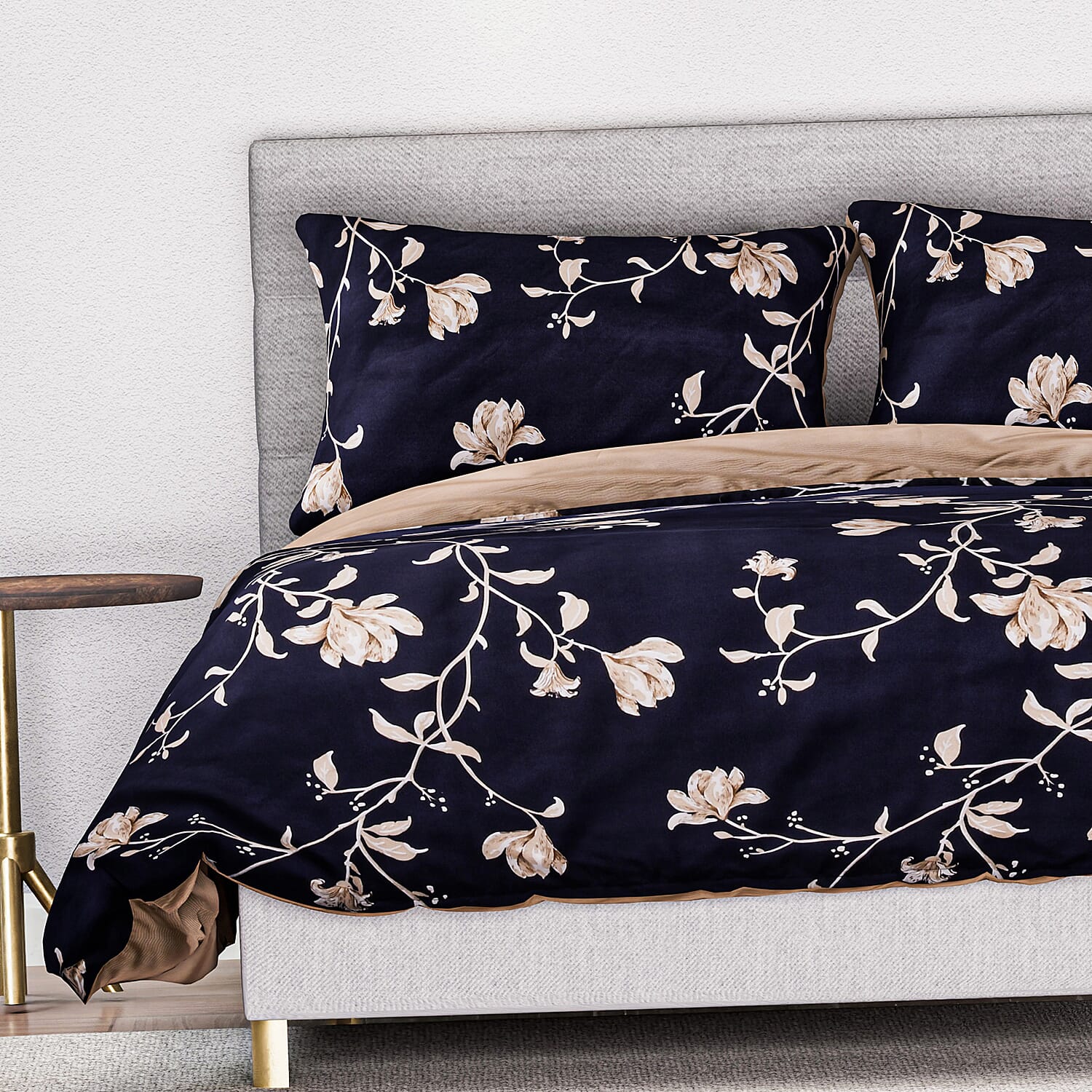 Set of 3 - Floral Printed Duvet Cover with 2 Pillow Cases(Double Size 200x200 cm) - Navy