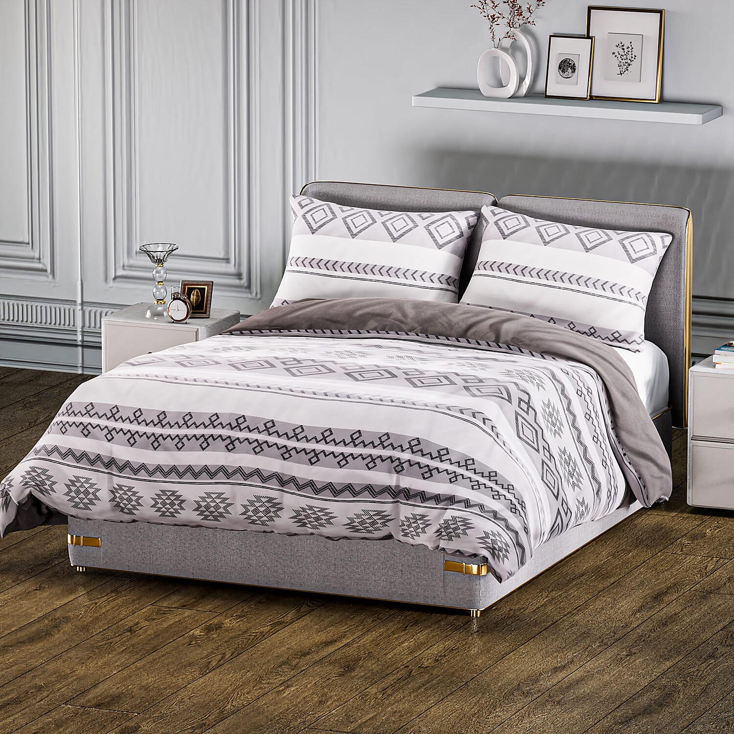 3 Piece Set - Printed Duvet Cover (King Size, 225x220 cm) With 2 Pillow Cases (Size 75x50 cm) - Light Grey