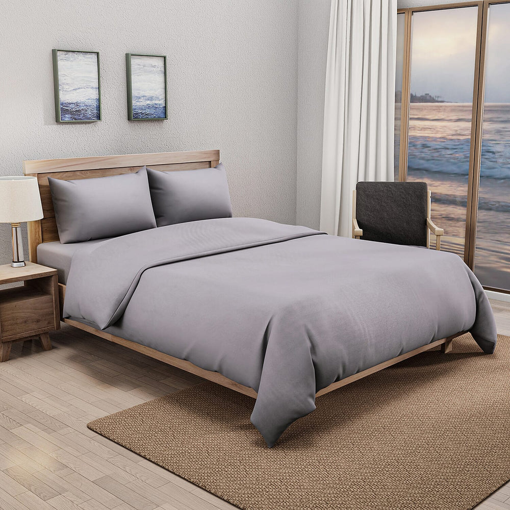 4 Piece Set - Aloe Infused Duvet Cover, Fitted Sheet with 2 Pillow Cases (Double Size, 200x200 cm) - Light Grey