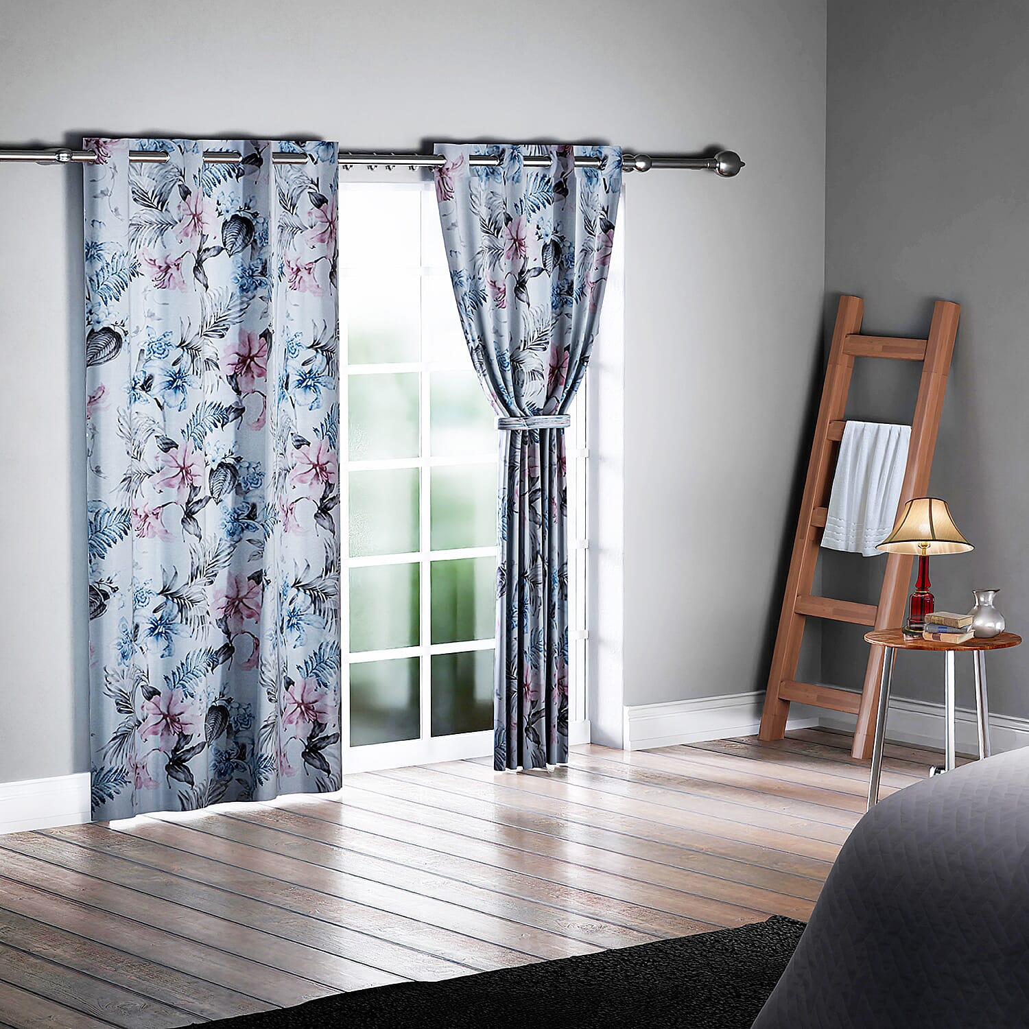 Set of 2 - Flower Pattern Blackout Curtain with 8 Eyelets (Size 140x240cm) - Pink - Blue