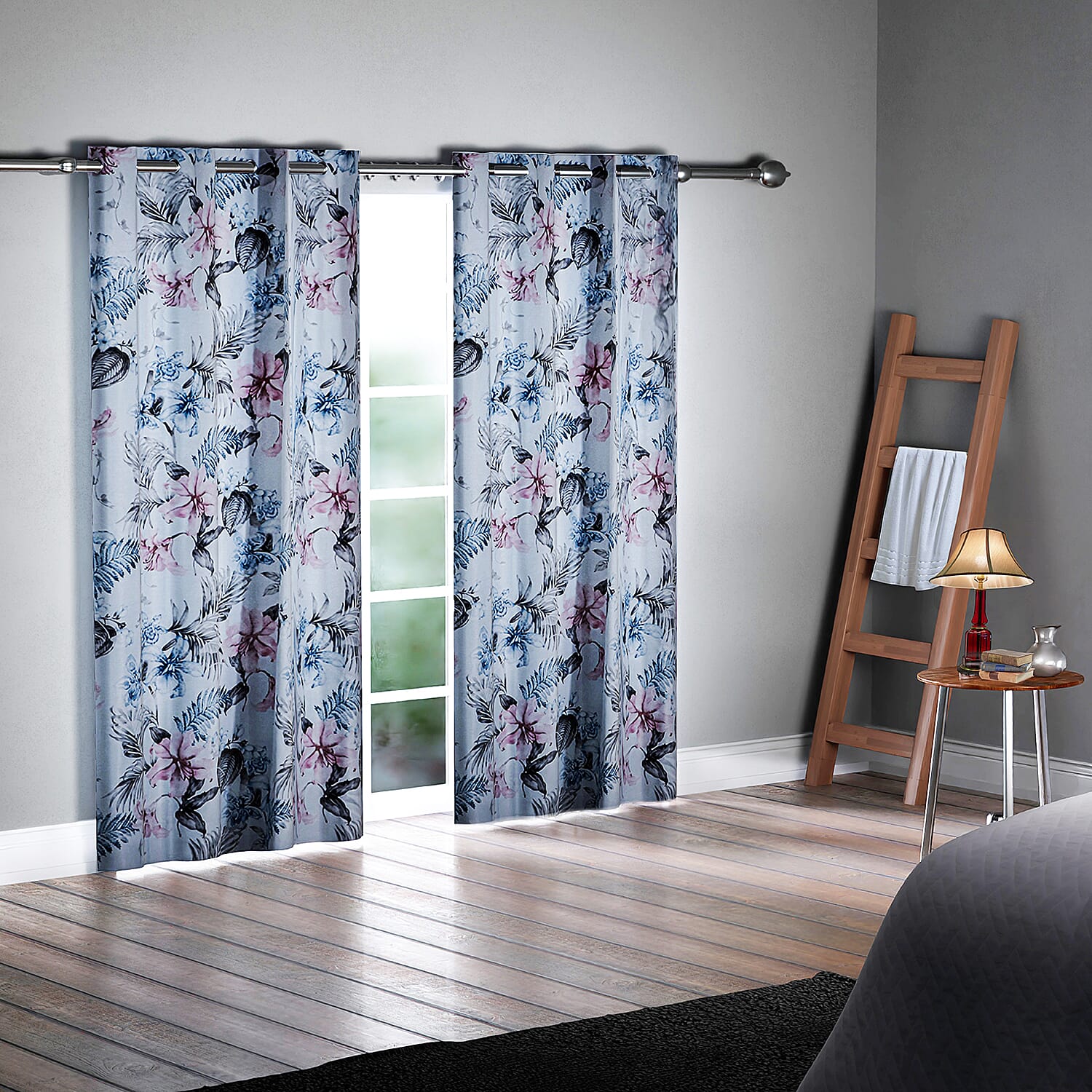 Set of 2 - Flower Pattern Blackout Curtain with 8 Eyelets (Size 140x240cm) - Pink - Blue