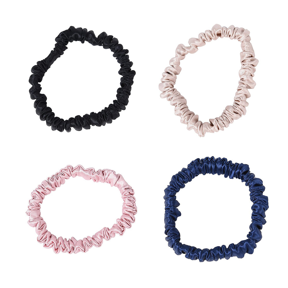 Set of 4 (Thin) - 100% Mulberry Silk Scrunchies in Black, Pink, Navy - Champagne