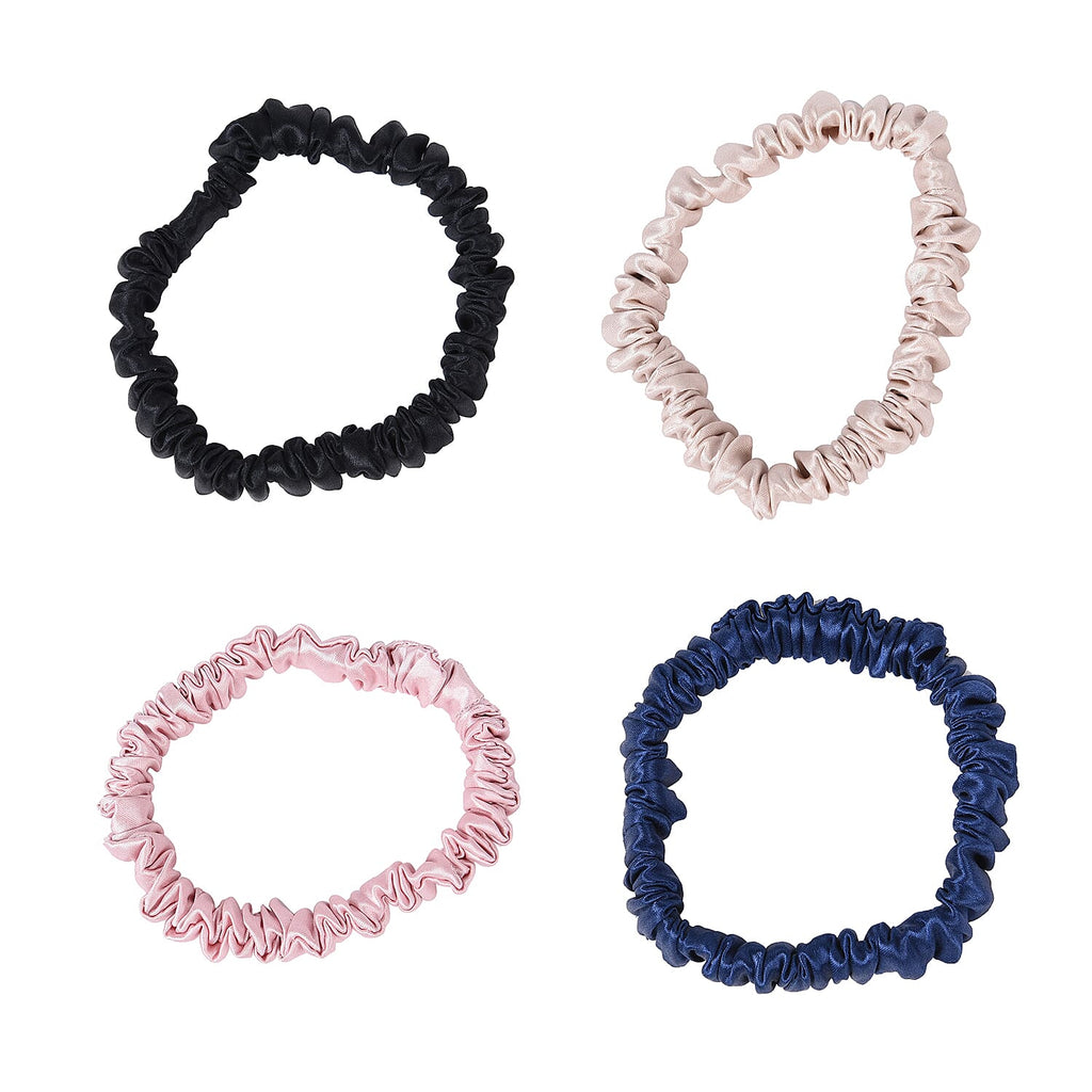 Set of 4 (Thin) - 100% Mulberry Silk Scrunchies in Black, Pink, Navy - Champagne