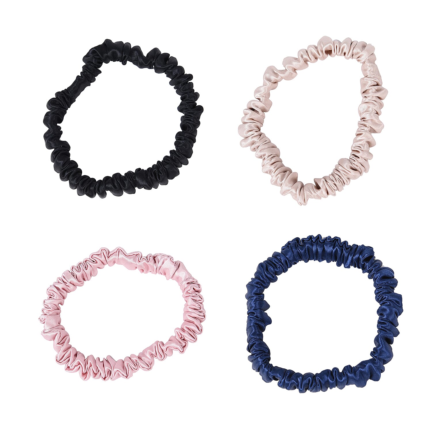 Set of 4 (Thin) - 100% Mulberry Silk Scrunchies in Black, Pink, Navy - Champagne
