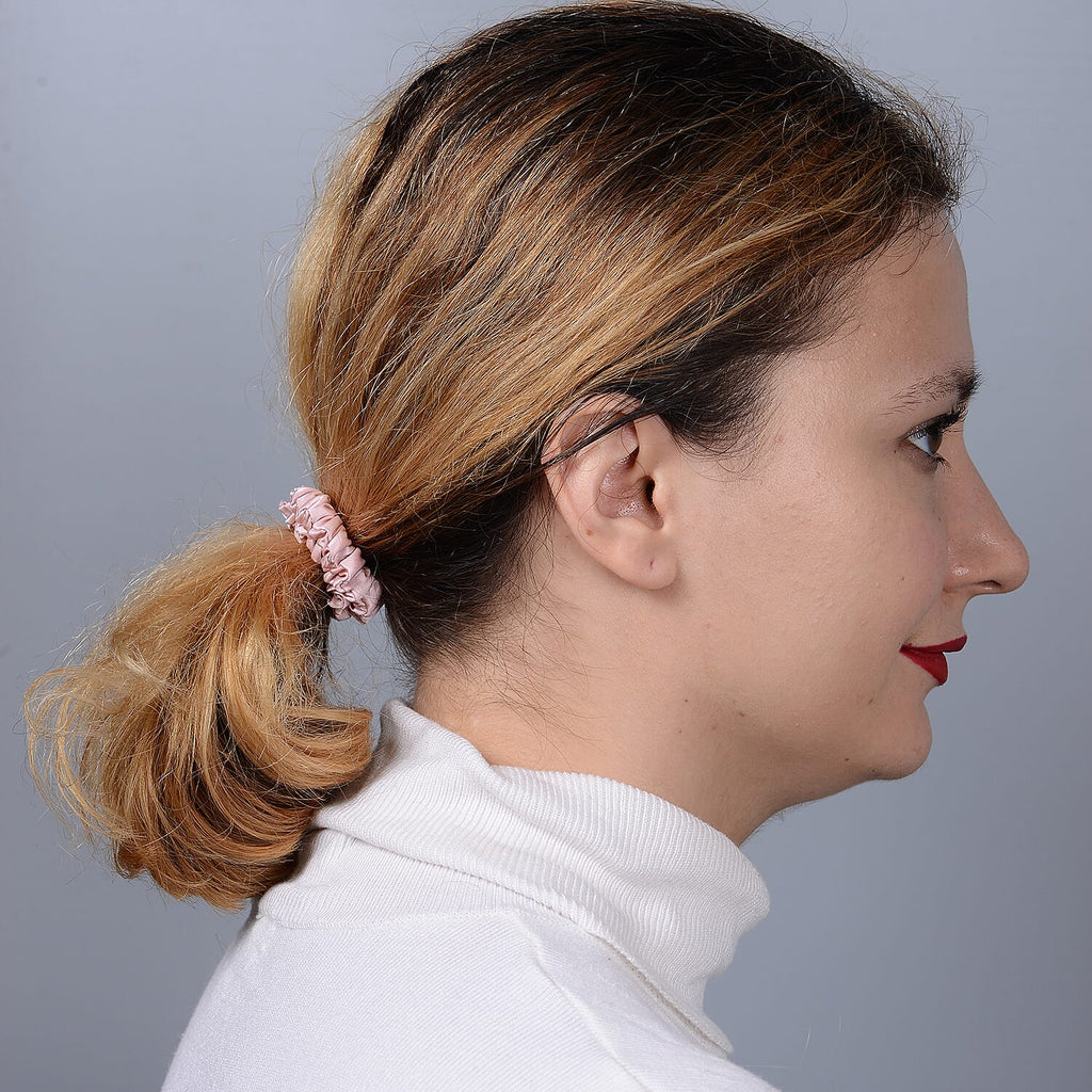 Set of 4 (Thin) - 100% Mulberry Silk Scrunchies in Black, Pink, Navy - Champagne