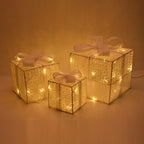 Set of 3 - Christmas Present Lights with Warm 40 LED Light (Size 15,20,25cm ) - White with Snow Effect
