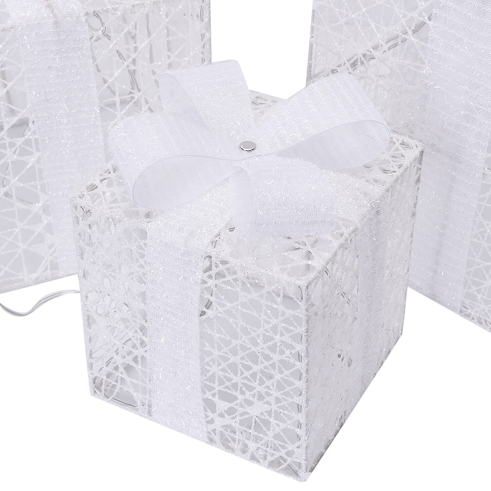 Set of 3 - Christmas Present Lights with Warm 40 LED Light (Size 15,20,25cm ) - White with Snow Effect
