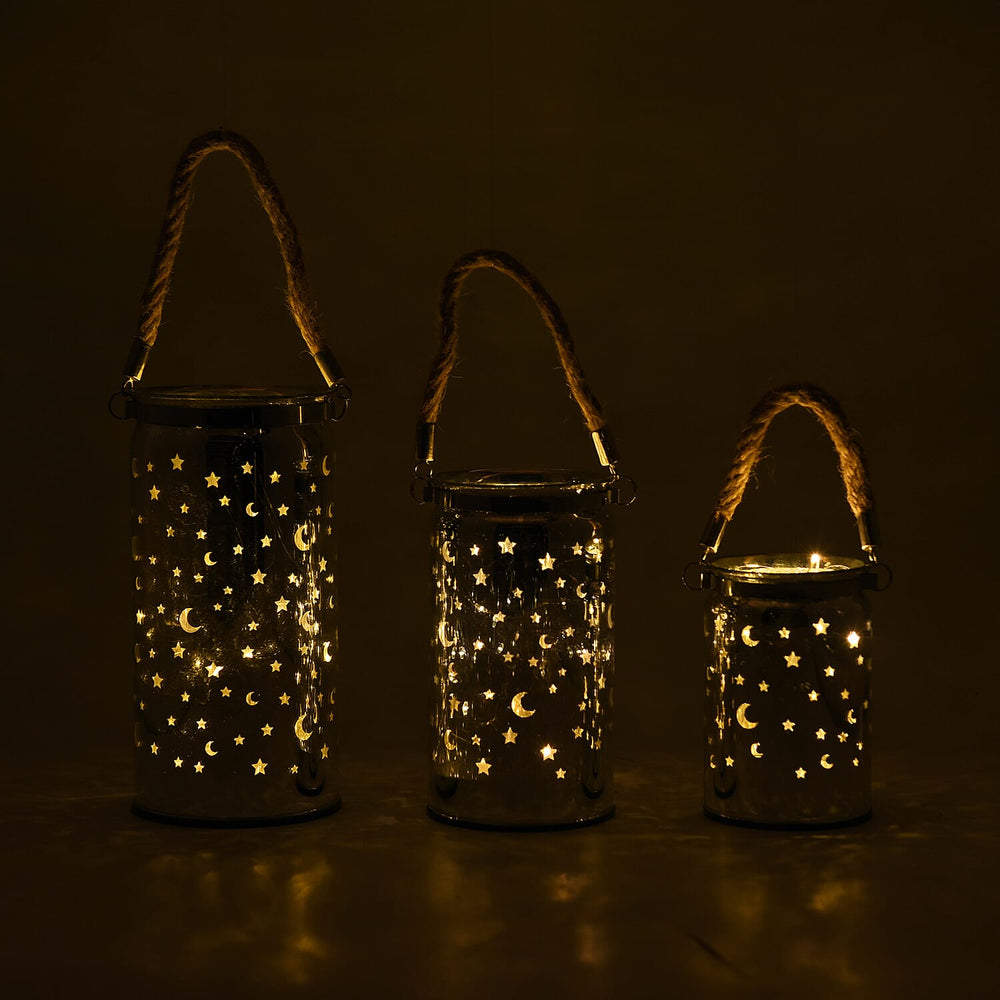Set of 3 - Decorative Moon and Starry Sky LED Lantern (Size 20x10 cm, 16x9 cm - 12x8 cm) - Silver