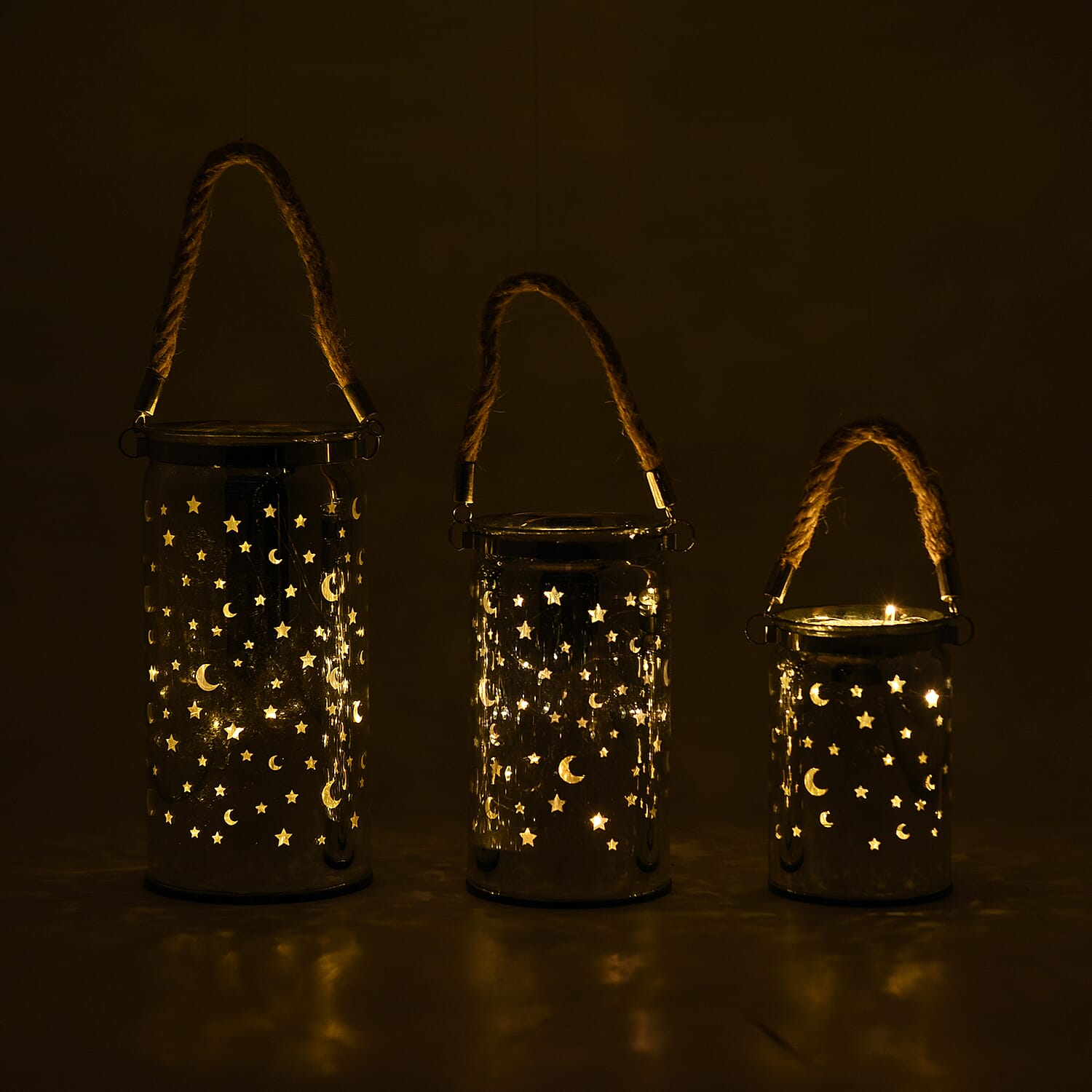 Set of 3 - Decorative Moon and Starry Sky LED Lantern (Size 20x10 cm, 16x9 cm - 12x8 cm) - Silver