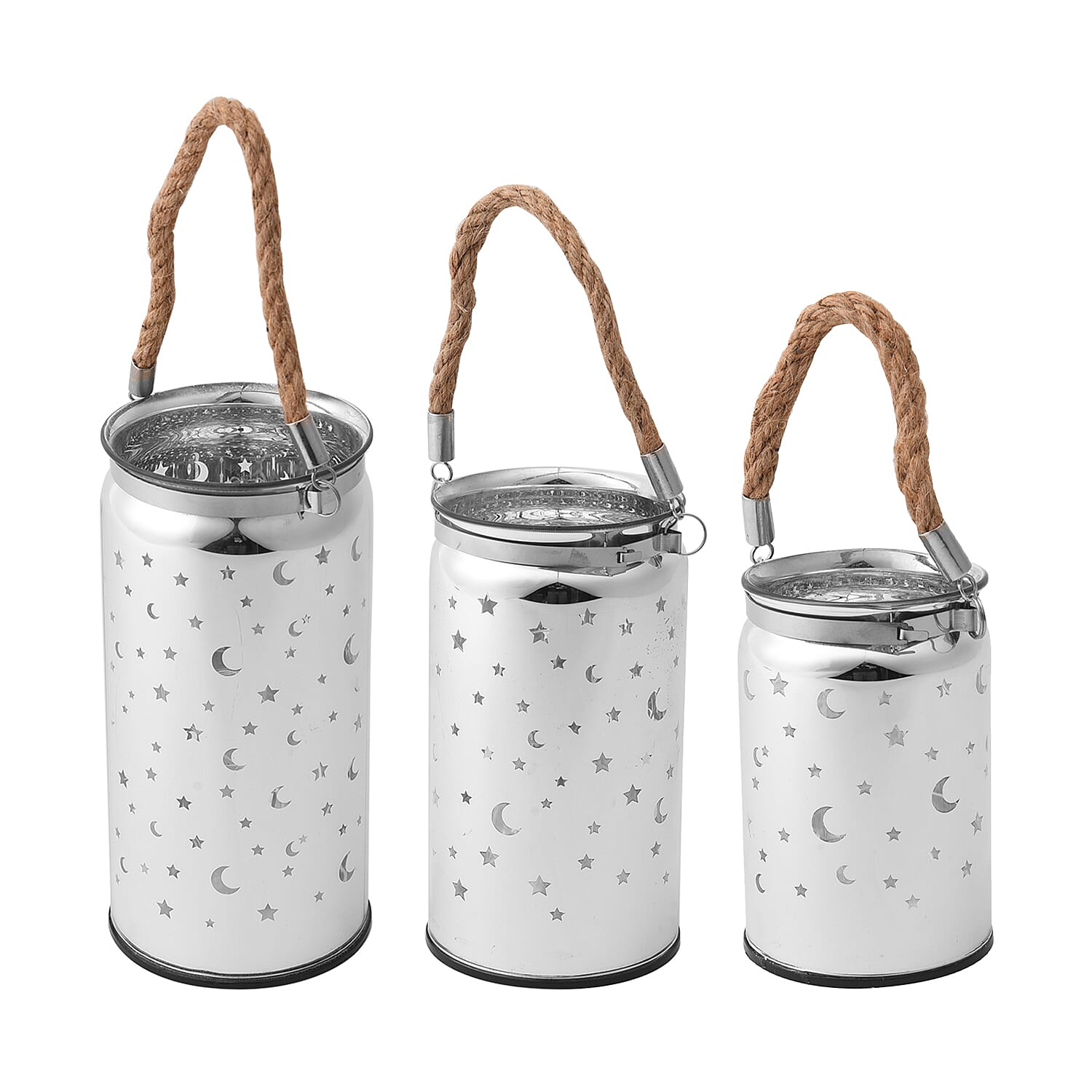 Set of 3 - Decorative Moon and Starry Sky LED Lantern (Size 20x10 cm, 16x9 cm - 12x8 cm) - Silver