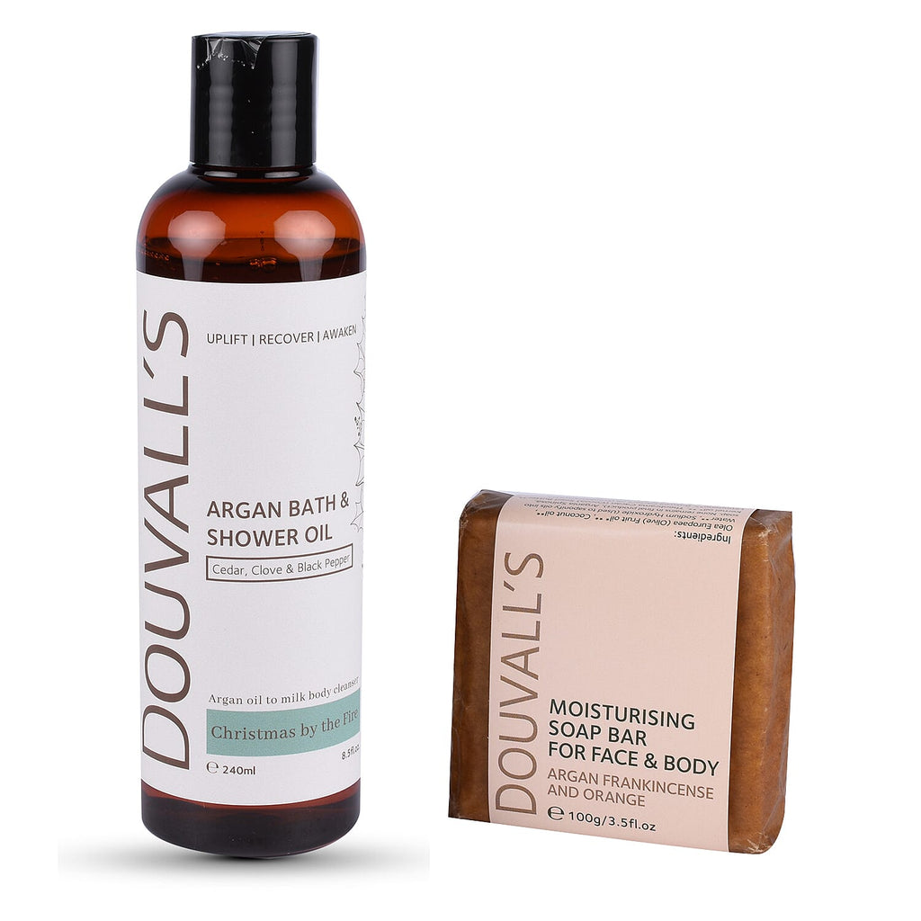 Douvalls- Duo  (Incl. Argan Bath - Shower Oil (Cedar, Clove - Black Pepper) - 240ml - Argan Frankincense - Orange Soap - 100g)